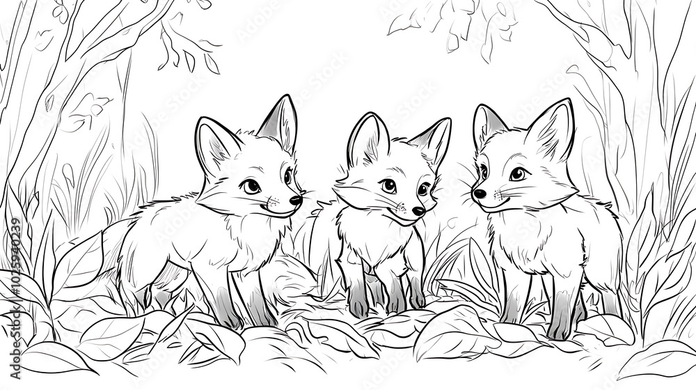 Obraz premium A family of foxes exploring the forest floor, with one fox looking up curiously, surrounded by simple bushes and fallen leaves, bold lines, low details, no shading, child-friendly design,