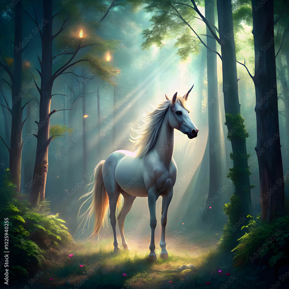 Naklejka premium A unicorn stands gracefully in an enchanted forest