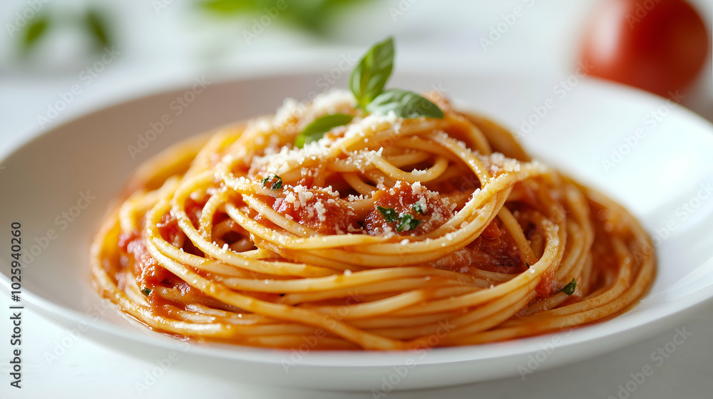 Classic Spaghetti with Tomato Sauce and Parmesan - A delicious plate of spaghetti topped with rich tomato sauce, garnished with freshly grated parmesan cheese and a basil leaf. Classic Spaghetti with Tomato Sauce and Parmesan - A delicious plate of spaghetti topped with rich tomato sauce, garnished with freshly grated parmesan cheese and a basil leaf.
