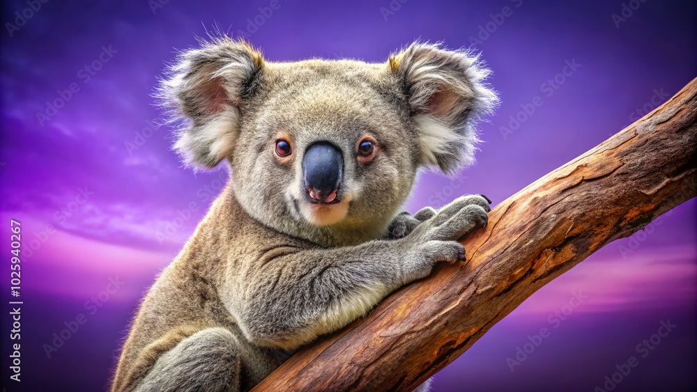 Fototapeta premium Cuddly Koala Clinging to Branch on Vibrant Purple Background - High Dynamic Range Image