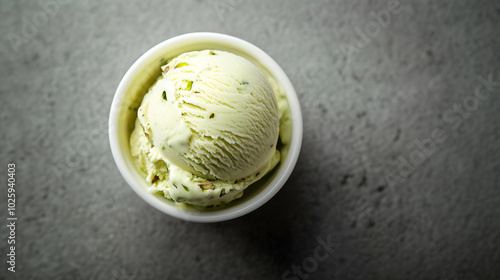 A creamy scoop of pistachio ice cream served in a white cup. The rich green tones and visible pistachio bits make this frozen treat a delightful and refreshing dessert option.