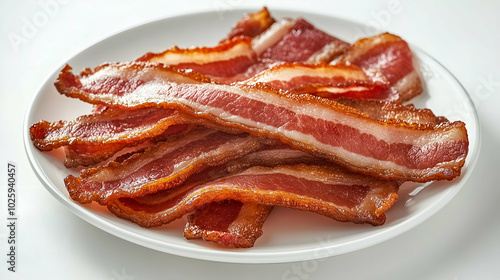 Crispy Fried Bacon Strips on White Plate - Deliciously crispy fried bacon strips arranged on a white plate, showcasing their golden-brown texture and mouthwatering appeal.