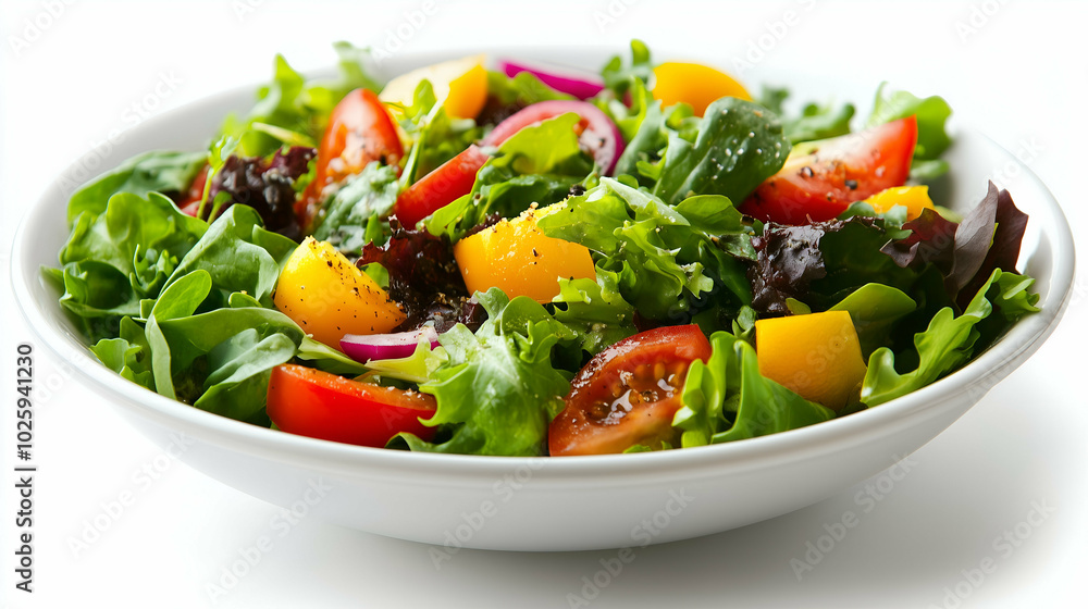 A colorful mixed green salad featuring fresh lettuce, ripe tomatoes, and bright yellow peppers, seasoned with black pepper. This healthy and vibrant salad is perfect for a light and refreshing meal. A colorful mixed green salad featuring fresh lettuce, ripe tomatoes, and bright yellow peppers, seasoned with black pepper. This healthy and vibrant salad is perfect for a light and refreshing meal.