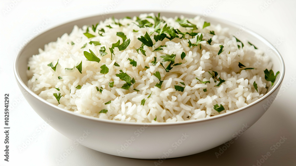 A bowl of perfectly cooked, fluffy white rice garnished with fresh parsley. This simple yet classic side dish is ideal for complementing a variety of meals, adding a light and fresh touch. A bowl of perfectly cooked, fluffy white rice garnished with fresh parsley. This simple yet classic side dish is ideal for complementing a variety of meals, adding a light and fresh touch.