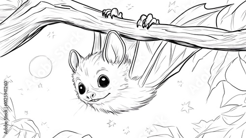 A fluffy bat hanging upside down from a branch, surrounded by simple stars and moon patterns, bold lines, low details, no shading, child-friendly design,