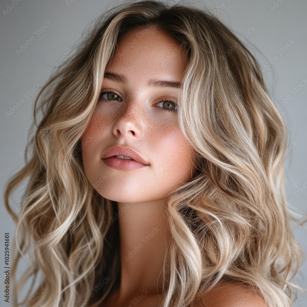 Woman with beach waves hairstyle and natural makeup Woman with beach waves hairstyle and natural makeup