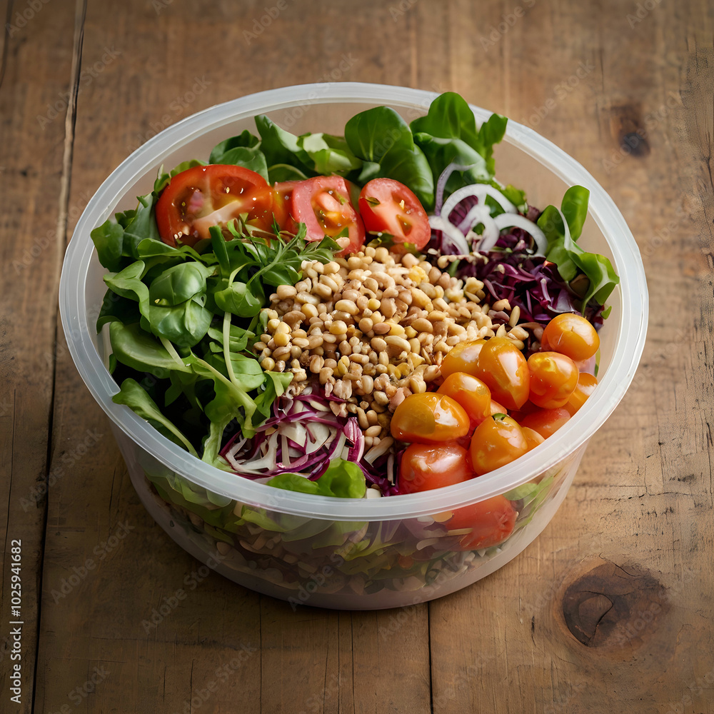 Healthy food delivery featuring a fresh salad with grains, presented in sustainable packaging, Healthy food delivery featuring a fresh salad with grains, presented in sustainable packaging,