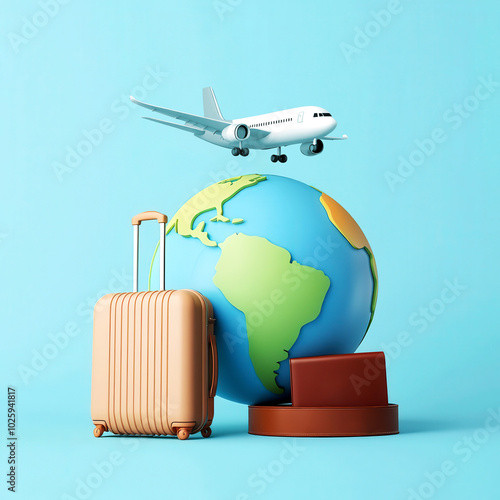 Globe with travel insurance icons, suitcase and passport, 3D illustration, photo