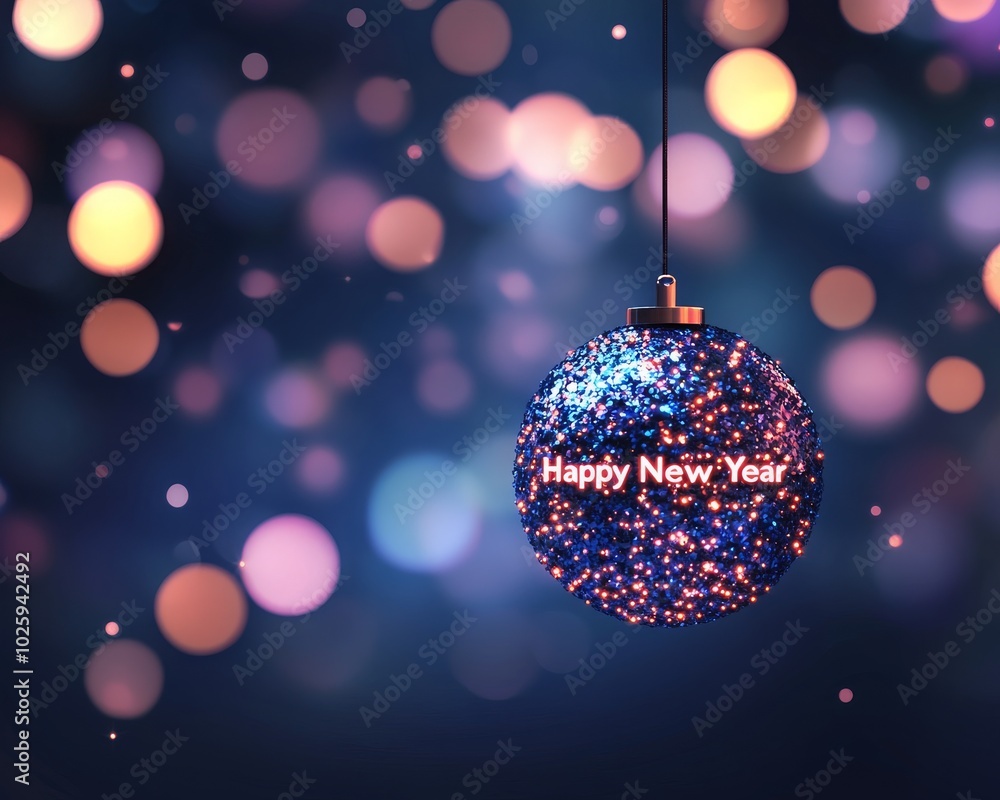 Fototapeta premium Festive ornament with 'Happy New Year' inscription against a dreamy, bokeh background.