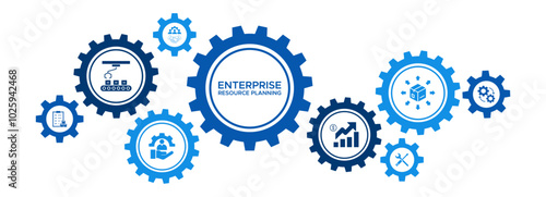 Enterprise Resource Planning (ERP) Business Solutions Banner with Sales, HR, CRM, and Distribution Icons