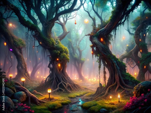 Dark Enchanted Forest: Surreal Imagery of Mystical Shadows and Whimsical Creatures