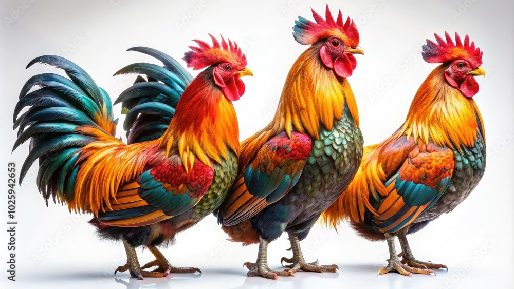 Fototapeta premium Vibrant free-range male roosters striking various poses against a white backdrop, captured in low-light photography, showcasing their colorful feathers and unique expressions.