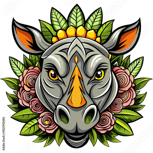 Rhino  head with flowers, Javan Rhino head, Rhino illustration