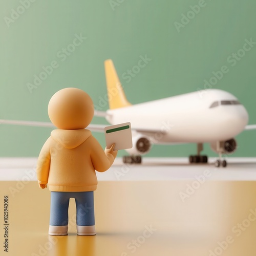 Traveler holding insurance card at airport, airplane in background, 3D illustration, photo