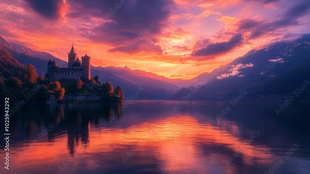 A majestic castle stands by a serene lake under a vibrant sunset, reflecting colors in the calm water. Nature and architecture unite beautifully. A majestic castle stands by a serene lake under a vibrant sunset, reflecting colors in the calm water. Nature and architecture unite beautifully.