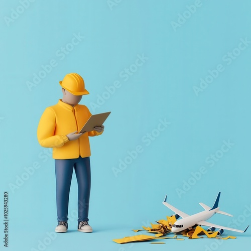 Traveler with canceled flight, checking insurance coverage, 3D illustration, photo