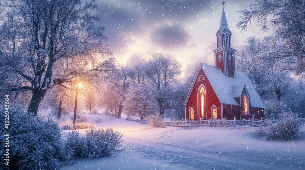 A charming red church stands in snow, glowing warmly under a winter sky. Peaceful scene with trees and streetlights nearby.