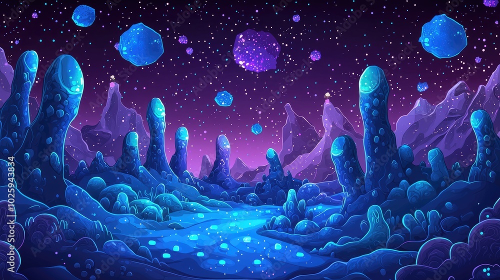 A surreal landscape with glowing blue and purple rock formations under a starry night sky