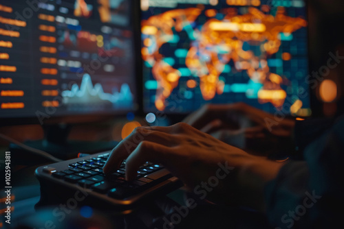 Close-up of a financial analyst's hands navigating a world financial market dashboard on a computer