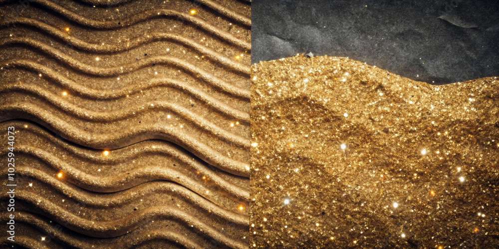 Golden waves and shimmering particles create a split composition, with ...