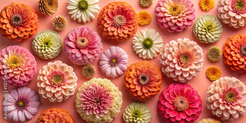 Zinnia-patterned drone photography on a soft coral pastel backdrop, showcasing a stunning top view floral aesthetic that captivates the eye with its vibrant colors. Zinnia-patterned drone photography on a soft coral pastel backdrop, showcasing a stunning top view floral aesthetic that captivates the eye with its vibrant colors.