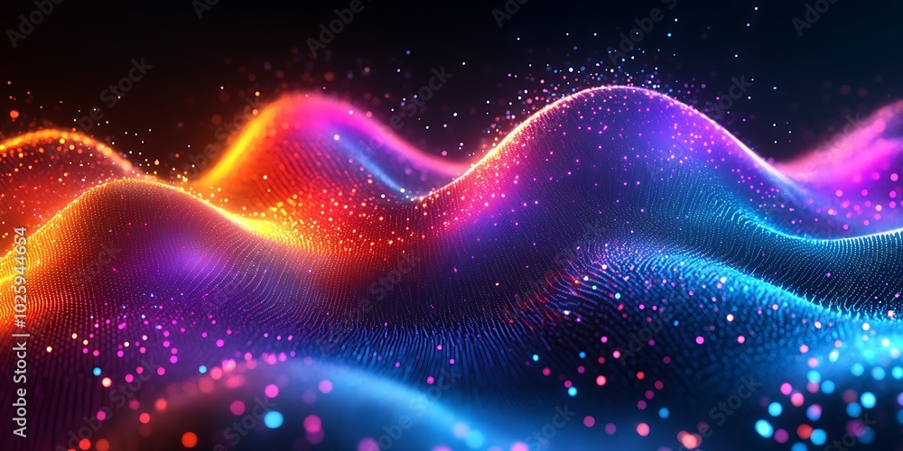Obraz premium Abstract colorful waves with glowing particles.