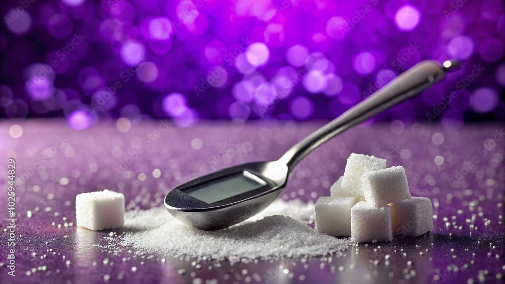 Diabetes Awareness: Blood Glucose Meter, Lancet, and Sugar Cubes on Purple Background Diabetes Awareness: Blood Glucose Meter, Lancet, and Sugar Cubes on Purple Background