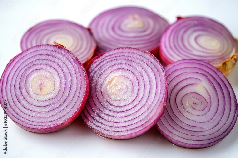 A close-up view of sliced red onions, showcasing their vibrant purple layers and circular patterns, ideal for culinary use. A close-up view of sliced red onions, showcasing their vibrant purple layers and circular patterns, ideal for culinary use.