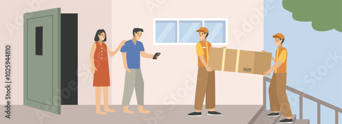 Moving house. Moving house service. Courier delivering package. Family house. Front door delivery. Delivery man. Warehouse distribution. Postman delivery packet.