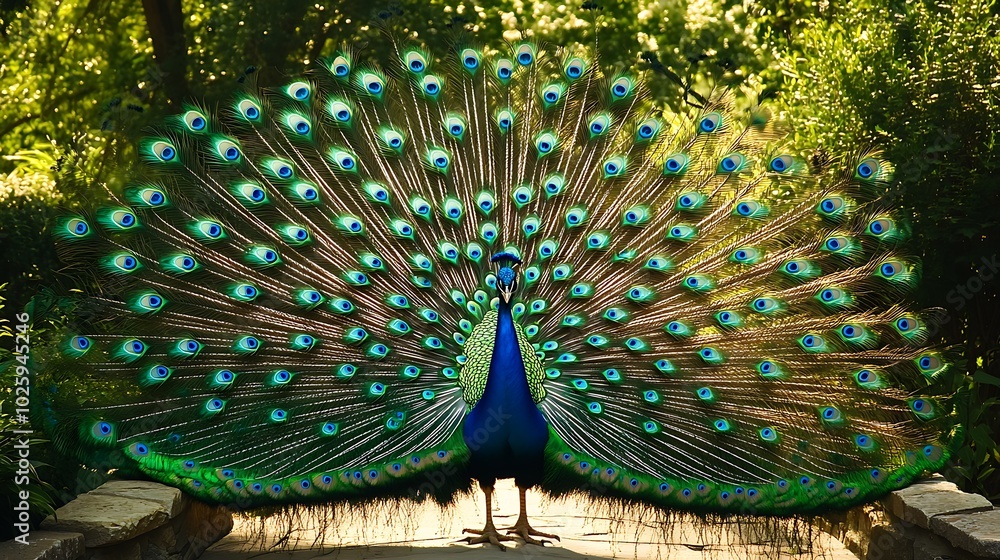 Obraz premium A male peacock displays his vibrant plumage in a lush green setting.