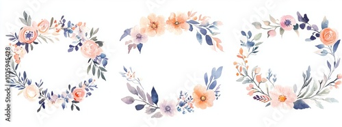 Set of watercolor illustrations - green blush blue yellow pink border, wreath, frame; wedding stationary, greetings, wallpaper, fashion, posters, background. Leaves, roses.