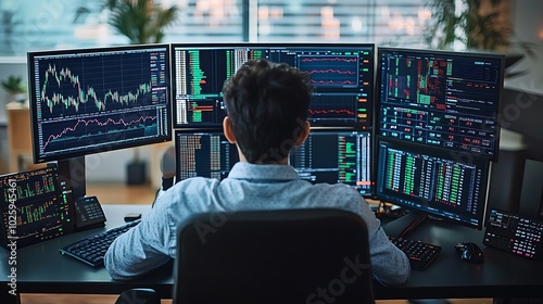 A man in a white shirt sits in front of a desk with four monitors displaying financial data. He is looking at the screens, which are showing stock charts, graphs, and numbers.