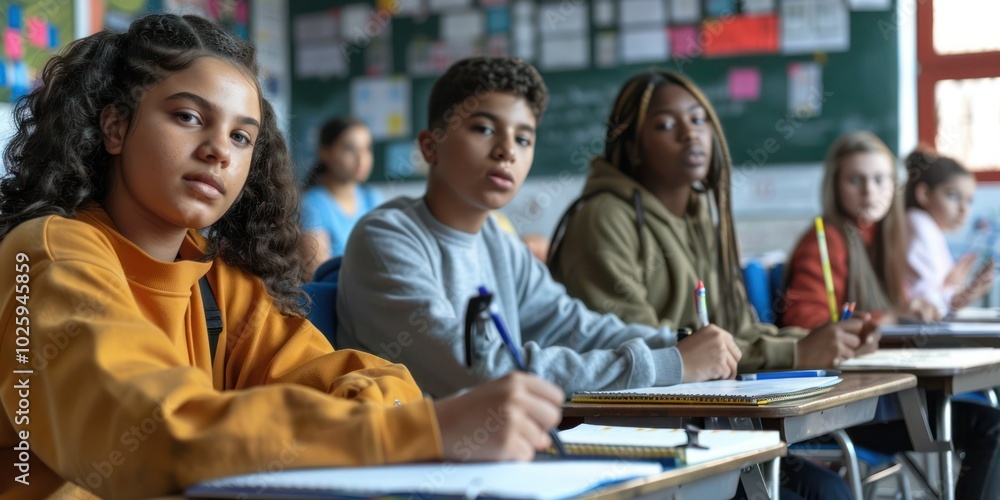 Five diverse students and girl with disability sit at desk in classroom, studying, make exercise, prepare joint assignment, work on project together looking serious and focused. High school education Five diverse students and girl with disability sit at desk in classroom, studying, make exercise, prepare joint assignment, work on project together looking serious and focused. High school education