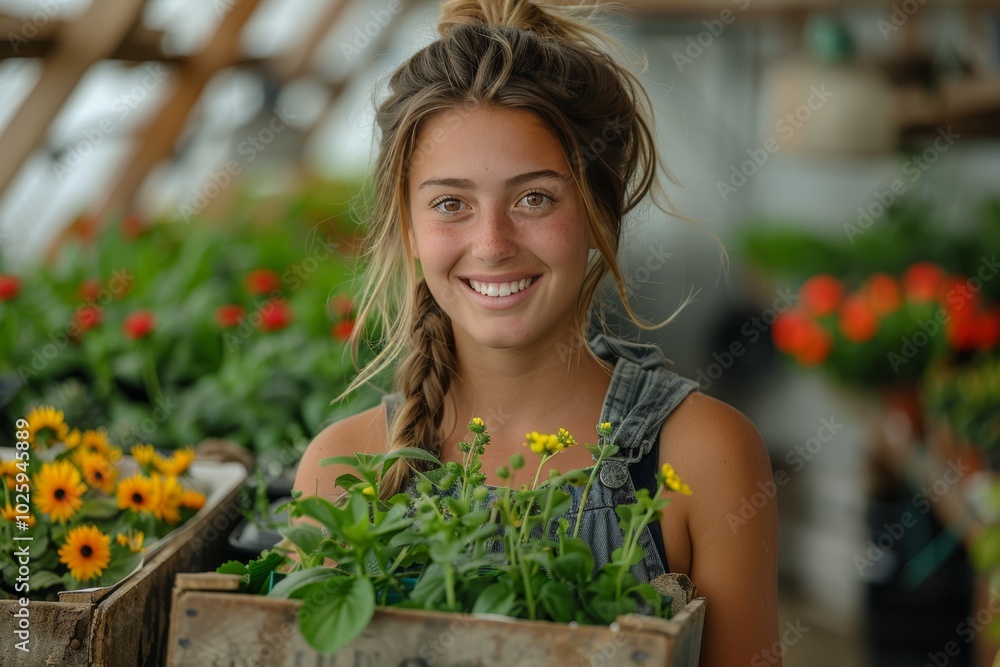 Smiling young plant nursery owner holding wooden box of flowers surrounded by vibrant plants Smiling young plant nursery owner holding wooden box of flowers surrounded by vibrant plants