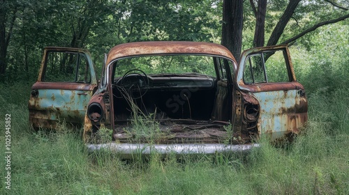 Abandoned old car with open doors and trunk overgrown by tall grass near trees illustrating rust and neglect