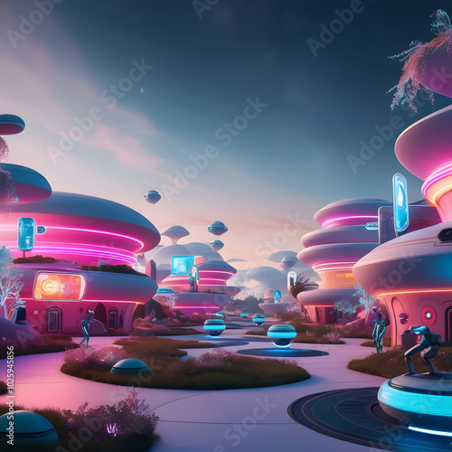 A 2D futuristic village background designed for a game, featuring vibrant colors and unique architectural elements,