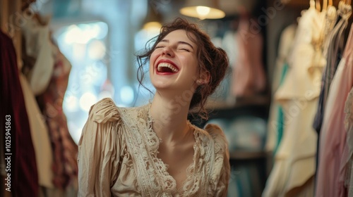 Conceptual image of a woman laughing while trying on bloomers in an old-fashioned clothing shop, showcasing humor and history