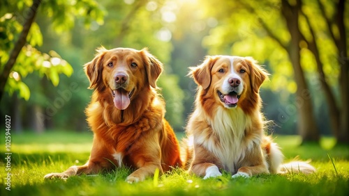 Playful golden retriever and nova scotia duck tolling retriever enjoying a sunny day in a lush green park