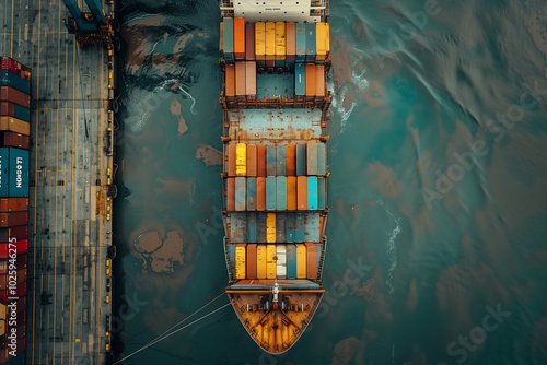 cargo ship loading container for logistic shipping at port, Aerial view