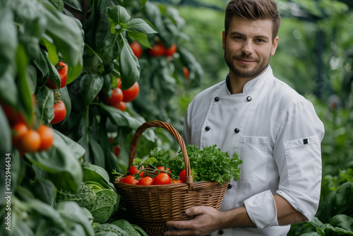 executive chef holding organic vegetables wood basket standing in the organic garden