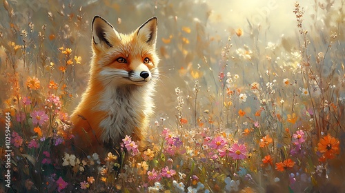 A red fox sits in a field of wildflowers, bathed in the warm glow of the morning sun.