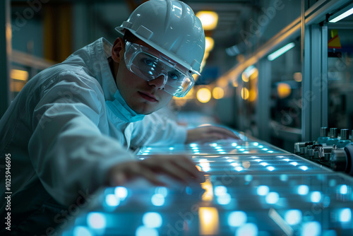 Solar engineer inspect solar panel generate electricity in the factory, quality control, production line, manufacturing