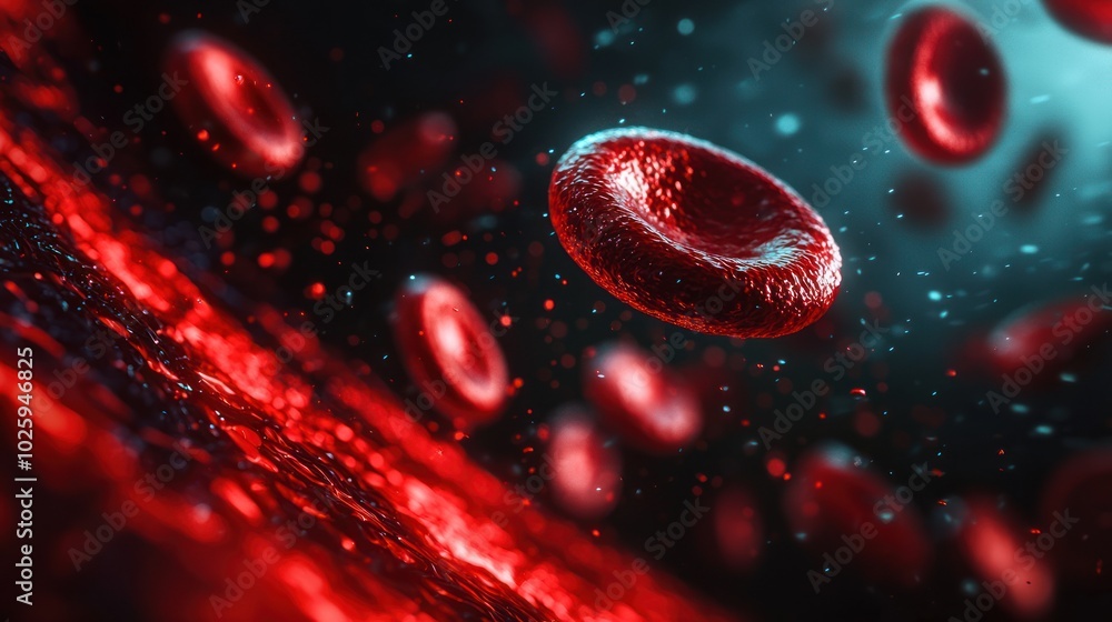 Conceptual image of a microscopic view of red blood cells flowing through a bloodstream, highlighting health and biology Conceptual image of a microscopic view of red blood cells flowing through a bloodstream, highlighting health and biology
