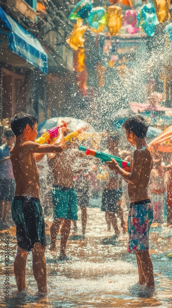 Obraz premium Playful Youngsters Splashing Water Outdoors