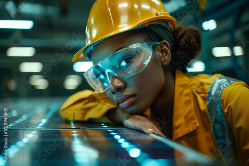 Solar engineer inspecting solar panels, manufacturing, production line, industrial