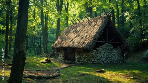 A rustic stone cottage with a thatched roof nestled in a lush green forest.