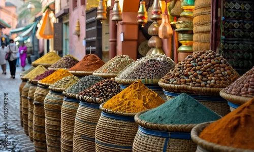 A variety of spices are displayed in baskets on a street Video