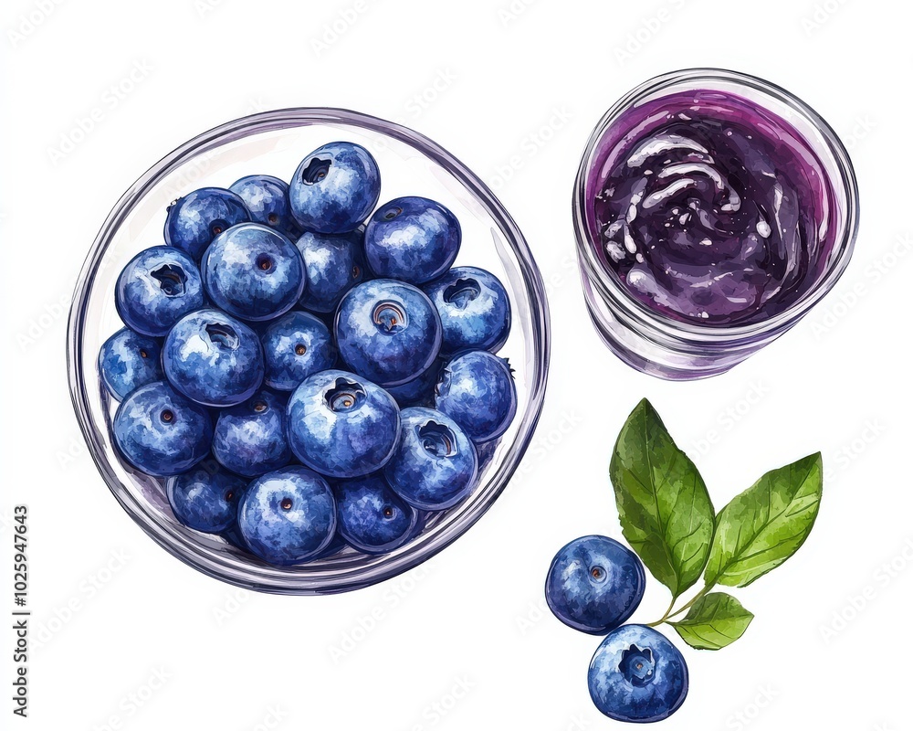 Blueberry Jam in Bowl. Delicious Homemade Berry Marmalade in Glasses, Topview Blueberry Jam in Bowl. Delicious Homemade Berry Marmalade in Glasses, Topview