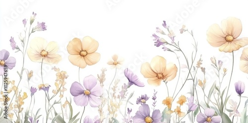 Wild flowers in a field. Watercolor seamless border illustration with green leaves, purple yellow buds, and branches. For wedding stationery, wallpaper, fashion, backgrounds, textures.