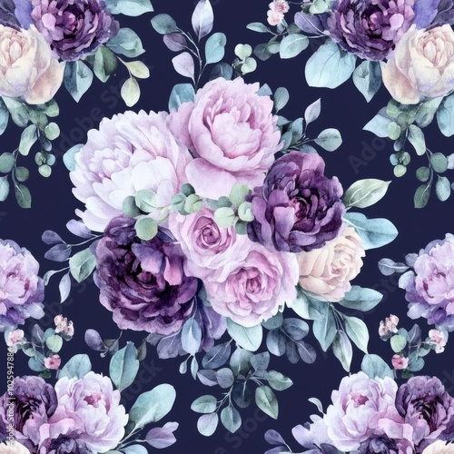 A seamless watercolor floral pattern featuring violet purple blue gold flowers elements, green leaves branches on a dark black background. It can be used for wrapping papers, wallpapers, postcards,